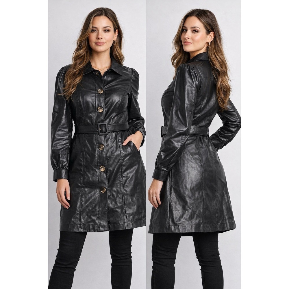Who What Wear Women Dress Large Black Faux Leather Button Front Belted